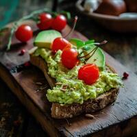 AI generated a slice of bread with mashed avocado and tomatoes and a cherry on it photo