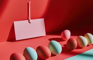ai generado un mesa con de colores huevos en un rojo antecedentes foto