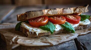 AI generated a sandwich with mozzarella cheese and tomatoes on top photo