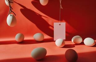 AI generated a table with colored eggs on a red background photo