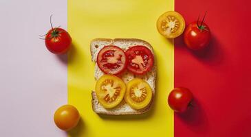 AI generated a healthy food mockup with a slice of bread, tomatoes and mustard photo