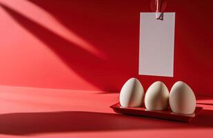 ai generado un mesa con de colores huevos en un rojo antecedentes foto