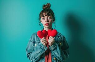 AI generated young woman holding up two heart photo