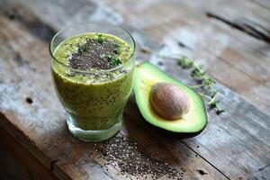 AI generated a smoothie with chia and hemp next to a small avocado photo