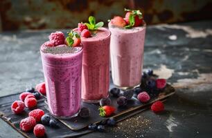 AI generated berry smoothies with chia seeds photo