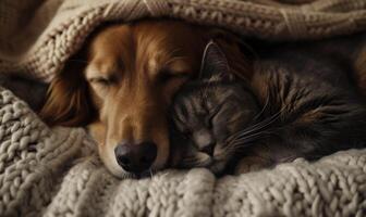 ai generado un perro y gato dormido siguiente a cada otro debajo un cobija foto