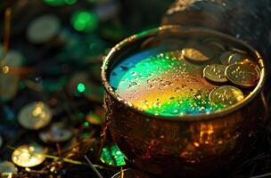 AI generated a pot of coins with a rainbow thrown on it photo