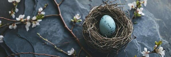 ai generado un vacío nido y nido con un azul Pascua de Resurrección huevo en azul foto