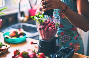 AI generated a woman blends fruits and vegetable smoothies in a blender photo
