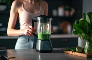 ai generado un mujer en pie en frente de un licuadora ese es mezcla verduras foto