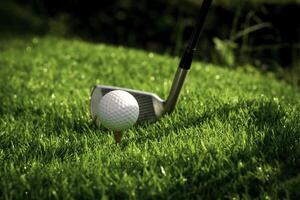 Golf ball close up on tee grass on blurred beautiful landscape of golf background. Concept international sport that rely on precision skills for health relaxation photo