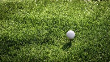 Golf ball close up on tee grass on blurred beautiful landscape of golf background. Concept international sport that rely on precision skills for health relaxation photo