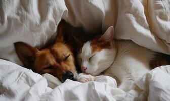 ai generado un perro y gato son dormido debajo un blanco sábana foto