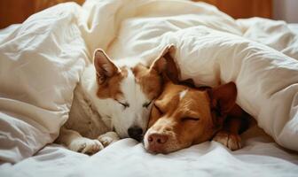 ai generado un perro y gato son dormido debajo un blanco sábana foto