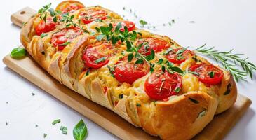 ai generado un gratis un pan con Tomates, queso y hierbas en un blanco antecedentes foto
