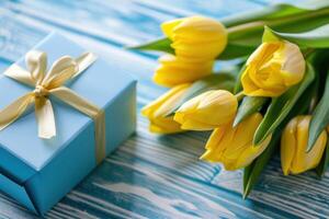 AI generated yellow tulips with blue gift box on blue wooden background photo