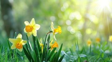 AI generated yellow and green daffodils on a background with sunlight green photo