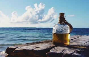 ai generado un botella de prensado en frío Coco petróleo sentado en un de madera mesa foto