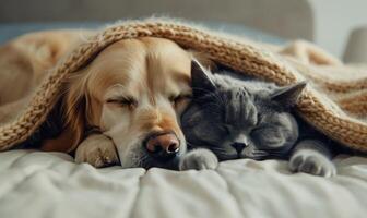 ai generado un perro y gato dormido siguiente a cada otro debajo un cobija foto