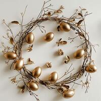 AI generated wreath of gold eggs encircled by branches and leaves, photo