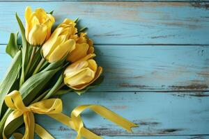 AI generated yellow tulips with blue gift box on blue wooden background photo