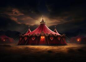 ai generado un circo tienda iluminado arriba a noche, en el Desierto foto