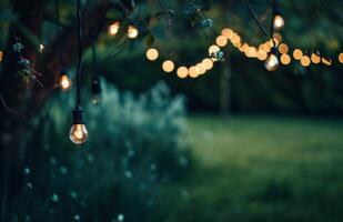 AI generated outdoor led string lights hanging over the green grass photo