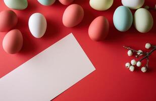 ai generado un blanco papel y algunos de colores huevos en un rojo antecedentes foto