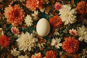 ai generado un blanco redondo huevo es en el centrar de un vistoso floral antecedentes foto