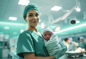 AI generated a woman dressed in scrubs holds up a newborn photo