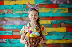 AI generated young girl holding basket of eggs near wall with bow photo