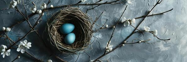 AI generated an empty nest and nest with a blue easter egg on blue photo