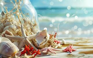 ai generado playa decoración con estrella de mar y conchas en mesa parte superior por mar foto
