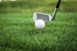 golf pelota cerca arriba en tee césped en borroso hermosa paisaje de golf antecedentes. concepto internacional deporte ese confiar en precisión habilidades para salud relajación foto