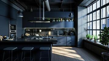 ai generado un industrial estilo cocina con oscuro pared armarios foto