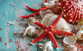 AI generated beach decor with starfish and shells on table top by sea photo