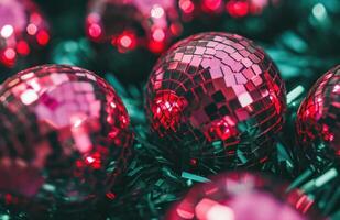 AI generated shiny pink disco balls on a green background photo