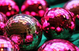 AI generated shiny pink disco balls on a green background photo