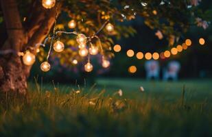 AI generated outdoor led string lights hanging over the green grass photo