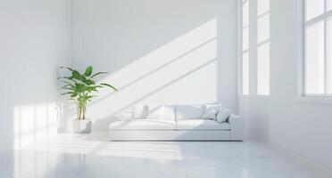 AI generated pristine white living room with plant in middle photo