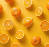 AI generated oranges on a yellow background photo