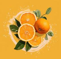 AI generated oranges with leaves on a yellow background photo