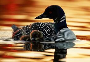 AI generated single loon with young floating on its back in the water photo