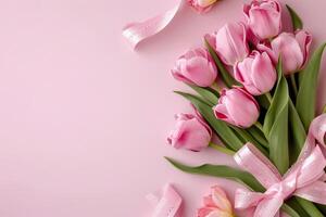 AI generated pink tulips, a gift wrapped with ribbon and pink flowers photo