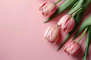 AI generated pink tulips, a gift wrapped with ribbon and pink flowers photo