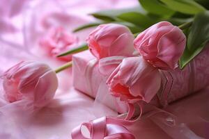 ai generado rosado tulipanes, un regalo envuelto con cinta y rosado flores foto