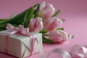 AI generated pink tulips, a gift wrapped with ribbon and pink flowers photo