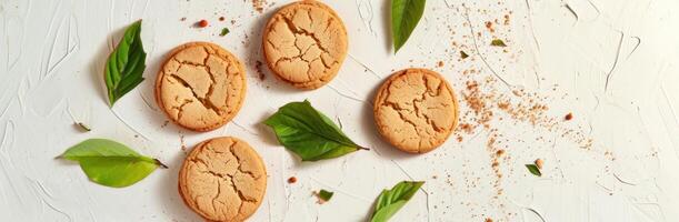 AI generated several cookies on white background with scented leaves photo