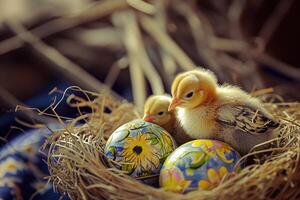 AI generated young chicks in a cute nest with eggs decorated with happy easter photo