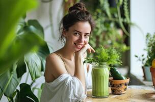 ai generado mujer poses en un mesa con verde zalamero foto